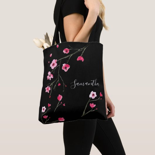 Gepersonaliseerde Cherry Blossom Black Tote Bag (Dichtbij)