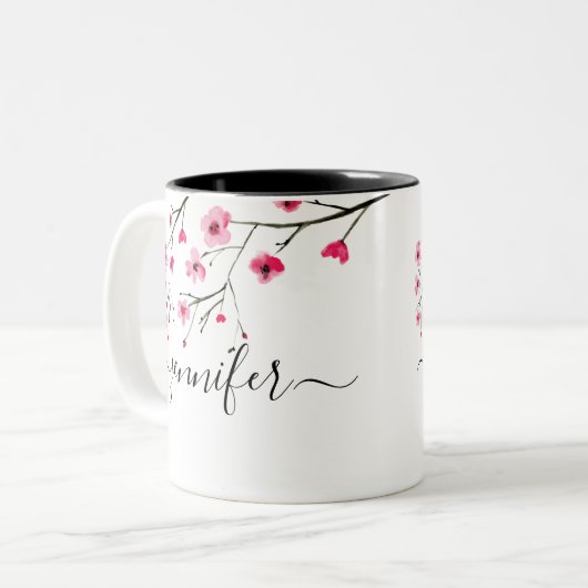 Gepersonaliseerde Cherry Blossom Bruids Party brui Tweekleurige Koffiemok (Voorkant links)