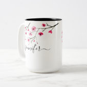 Gepersonaliseerde Cherry Blossom Bruids Party brui Tweekleurige Koffiemok (Voorkant links)