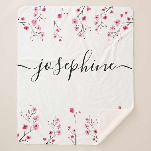 Gepersonaliseerde Cherry Blossom waterverf florale Sherpa Deken (Voorkant)