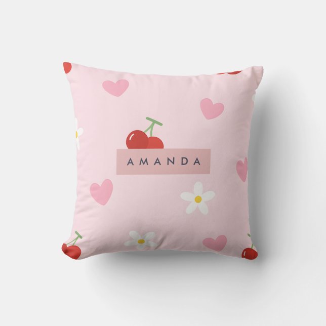 Gepersonaliseerde Cherry, Daisy & Pink Heart Patte Kussen (Voorkant)