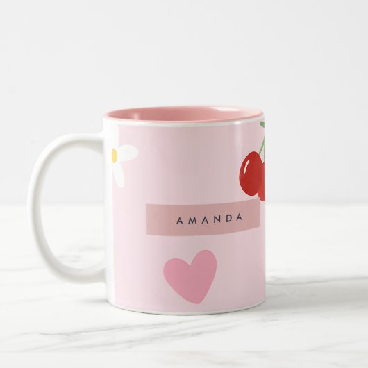 Gepersonaliseerde Cherry, Daisy & Pink Heart Patte Tweekleurige Koffiemok (Links)