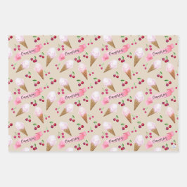 Gepersonaliseerde Cherry Ice Cream Cones Roze Past Inpakpapier Vel