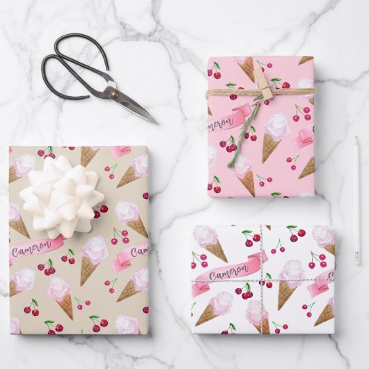 Gepersonaliseerde Cherry Ice Cream Cones Roze Past Inpakpapier Vel (Voorkant)
