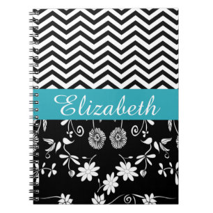 Gepersonaliseerde Chevron Floral Black White Monog Notitieboek