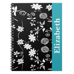 Gepersonaliseerde Chevron Floral Black White Monog Notitieboek