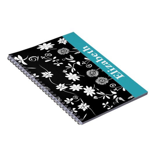 Gepersonaliseerde Chevron Floral Black White Monog Notitieboek (Rechterzijde)