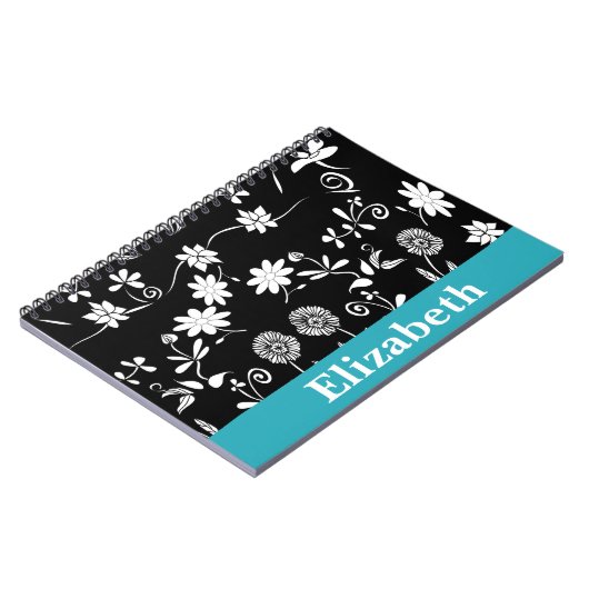 Gepersonaliseerde Chevron Floral Black White Monog Notitieboek (Linkerzijde)
