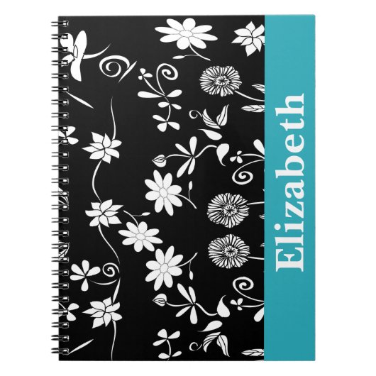 Gepersonaliseerde Chevron Floral Black White Monog Notitieboek (Voorkant)