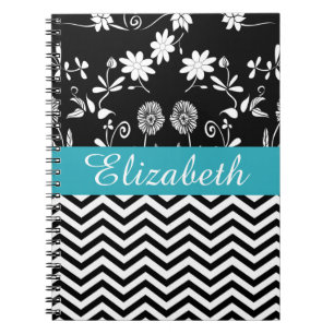 Gepersonaliseerde Chevron Floral Black White Monog Notitieboek