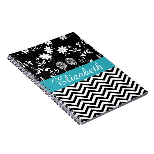 Gepersonaliseerde Chevron Floral Black White Monog Notitieboek (Rechterzijde)