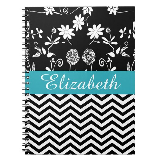Gepersonaliseerde Chevron Floral Black White Monog Notitieboek (Voorkant)