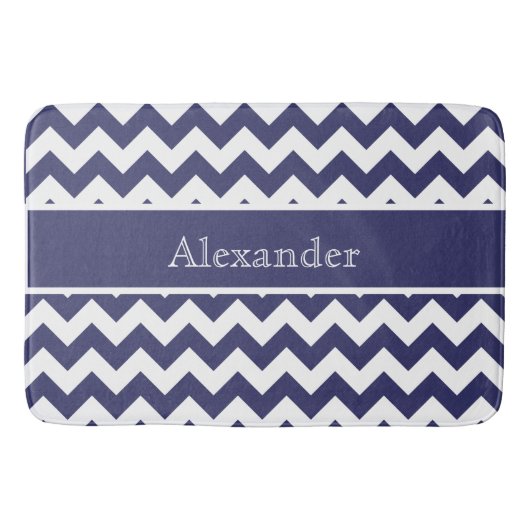 Gepersonaliseerde Chevron Navy Blue White achtergr Badmat (Voorkant)