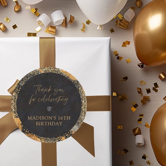 Gepersonaliseerde Chic Glitter Zwart en Goud Bedan Ronde Sticker