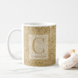 Gepersonaliseerde Chic Gold Glitter Bling Monogram Koffiemok