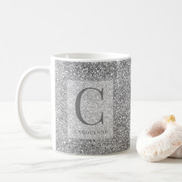 Gepersonaliseerde Chic Silver Glitter Bling Monogr Koffiemok
