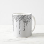 Gepersonaliseerde Chic Silver Sparkle Glitter Drip Koffiemok (Voorkant rechts)