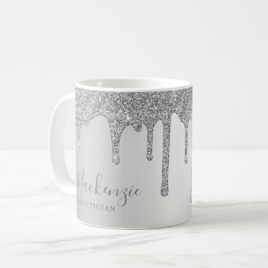 Gepersonaliseerde Chic Silver Sparkle Glitter Drip Koffiemok (Voorkant links)