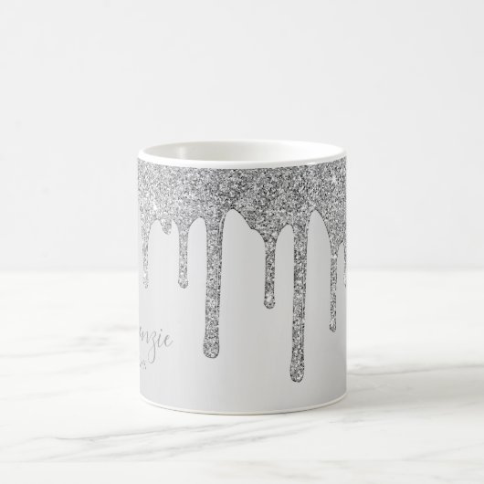 Gepersonaliseerde Chic Silver Sparkle Glitter Drip Koffiemok (Center)