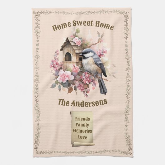 Gepersonaliseerde Chickade Home Sweet Home Theedoek (Verticaal)