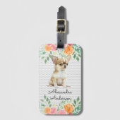 Gepersonaliseerde Chihuahua Puppy Waterverf Bloeme Bagagelabel (Voorkant (verticaal))