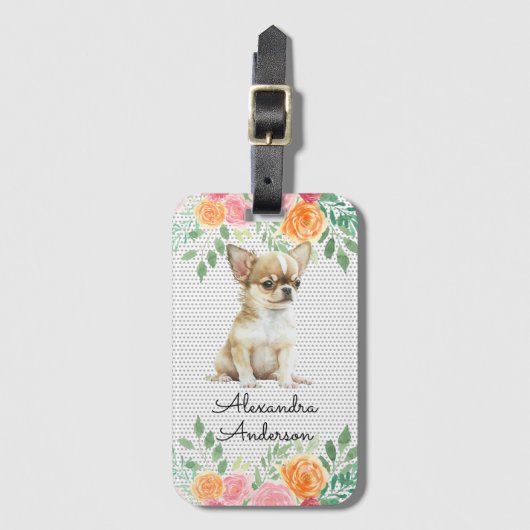 Gepersonaliseerde Chihuahua Puppy Waterverf Bloeme Bagagelabel (Voorkant (verticaal))