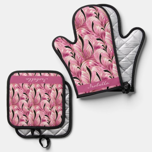 Gepersonaliseerde chique luxe roze glam patroon ovenwant & pannenlap set (Voorkant / Achterkant)