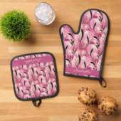 Gepersonaliseerde chique luxe roze glam patroon ovenwant & pannenlap set (Top down)