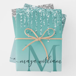 Gepersonaliseerde chique stoffige blauwe glitter d inpakpapier vel
