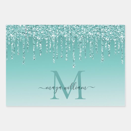 Gepersonaliseerde chique stoffige blauwe glitter d inpakpapier vel (Voorkant)