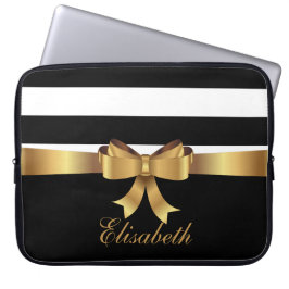 Gepersonaliseerde Chique Zwart Bold Stripes Gouden Laptop Sleeve