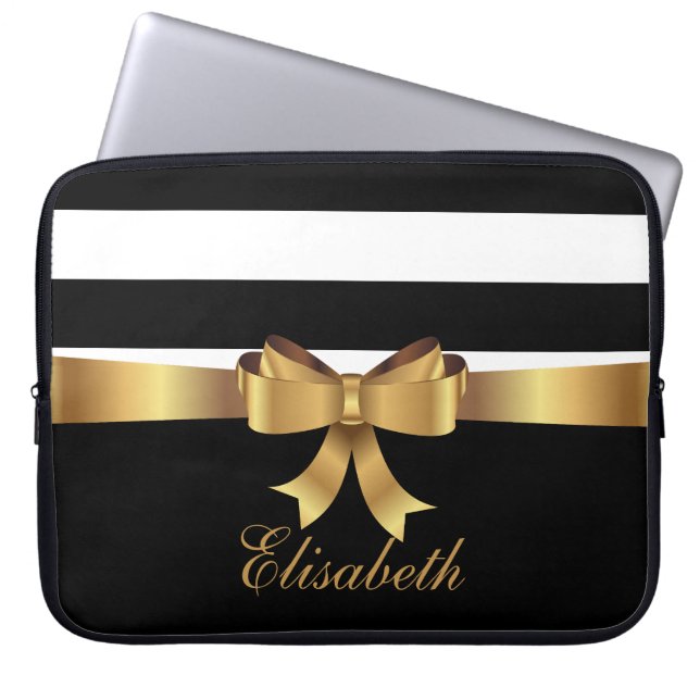 Gepersonaliseerde Chique Zwart Bold Stripes Gouden Laptop Sleeve (Voorkant)