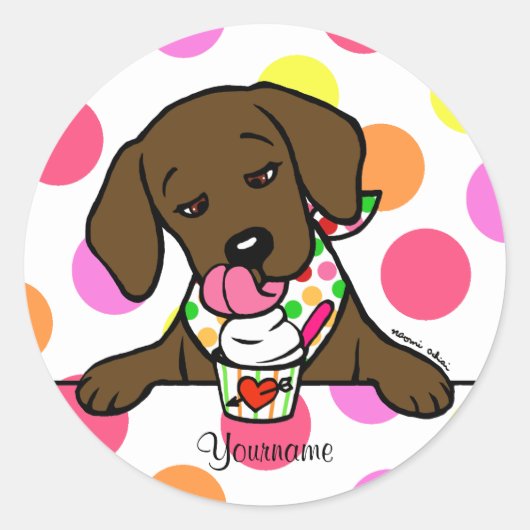 Gepersonaliseerde chocolade lab puppy ijs ronde sticker (Voorkant)