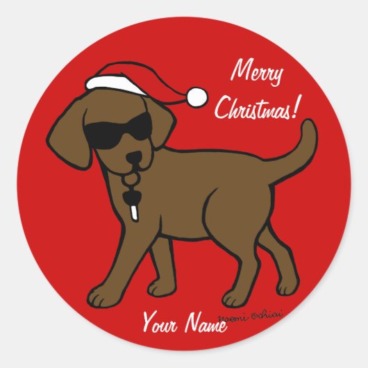 Gepersonaliseerde Chocolade Labrador Cartoon Kerst Ronde Sticker (Voorkant)