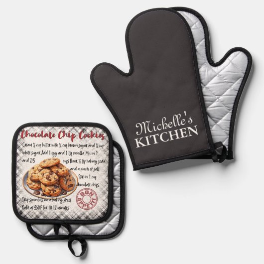 Gepersonaliseerde chocoladechip koekjes bakrecept ovenwant & pannenlap set (Voorkant / Achterkant)