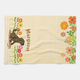 Gepersonaliseerde Chocolate Labrador en vele bloem Theedoek