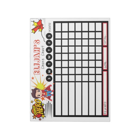 Gepersonaliseerde Chore Chart, Superheld Notitieblok (Linkerzijde)