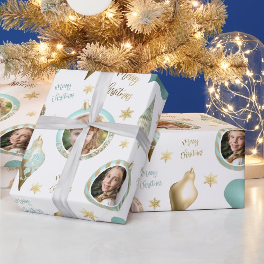 Gepersonaliseerde Christmas Aqua Gold Photo Orname Cadeaupapier (Feestdagen)