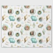 Gepersonaliseerde Christmas Aqua Gold Photo Orname Cadeaupapier (Vlak)