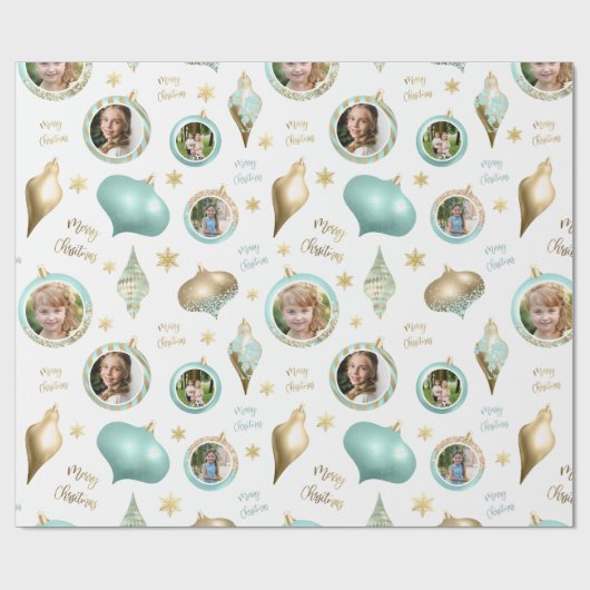 Gepersonaliseerde Christmas Aqua Gold Photo Orname Cadeaupapier (Vlak)