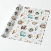 Gepersonaliseerde Christmas Aqua Gold Photo Orname Cadeaupapier (Uitgerold)
