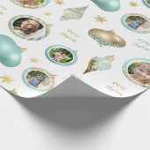 Gepersonaliseerde Christmas Aqua Gold Photo Orname Cadeaupapier (Hoek)