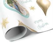 Gepersonaliseerde Christmas Aqua Gold Photo Orname Cadeaupapier (Rol Hoek)