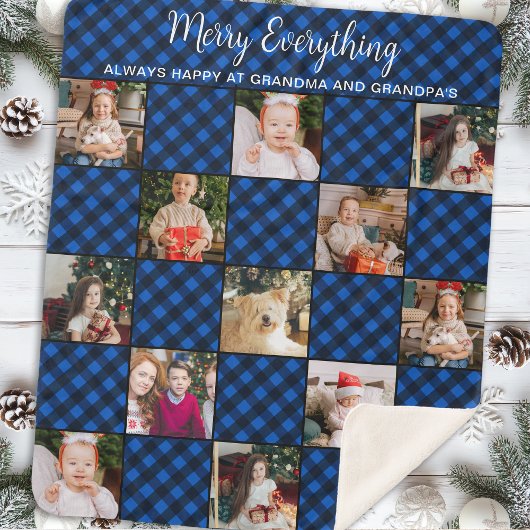 Gepersonaliseerde Christmas Blue Plaid Fotocollage Sherpa Deken