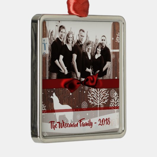 Gepersonaliseerde Christmas Wood Wolf FOTO Ornamen Metalen Ornament (Rechts)