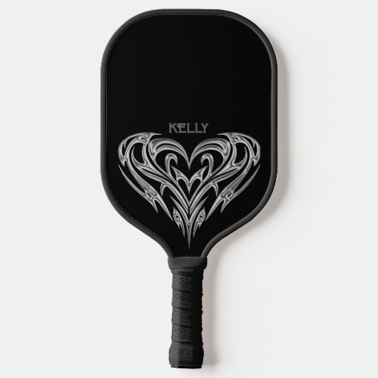 Gepersonaliseerde Chrome Tribal Heart op zwart Pickleball Paddle (Achterkant)