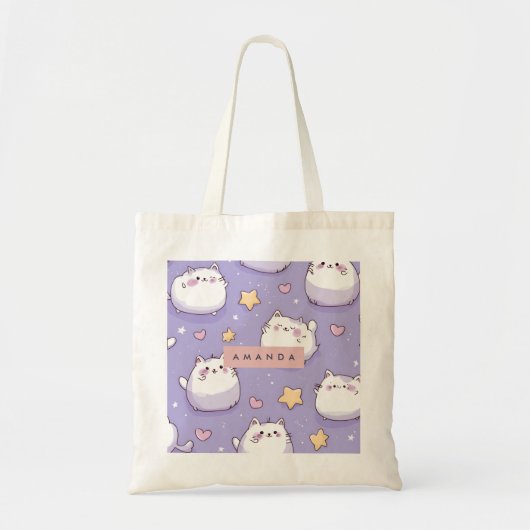 Gepersonaliseerde Chubby Cat & Pastel Star Pattern Tote Bag (Voorkant)