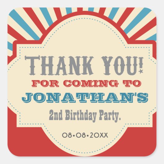 Gepersonaliseerde Circus carnival 2e verjaardag Vierkante Sticker (Voorkant)