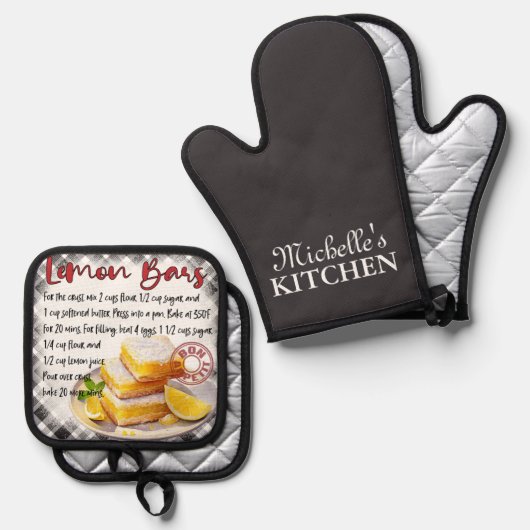 Gepersonaliseerde citroenrepen bakrecept ovenwant & pannenlap set (Voorkant / Achterkant)