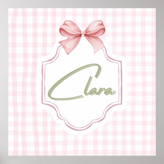 Gepersonaliseerde Clara Baby Girl Nursery Bow & Gi Poster (Voorkant)